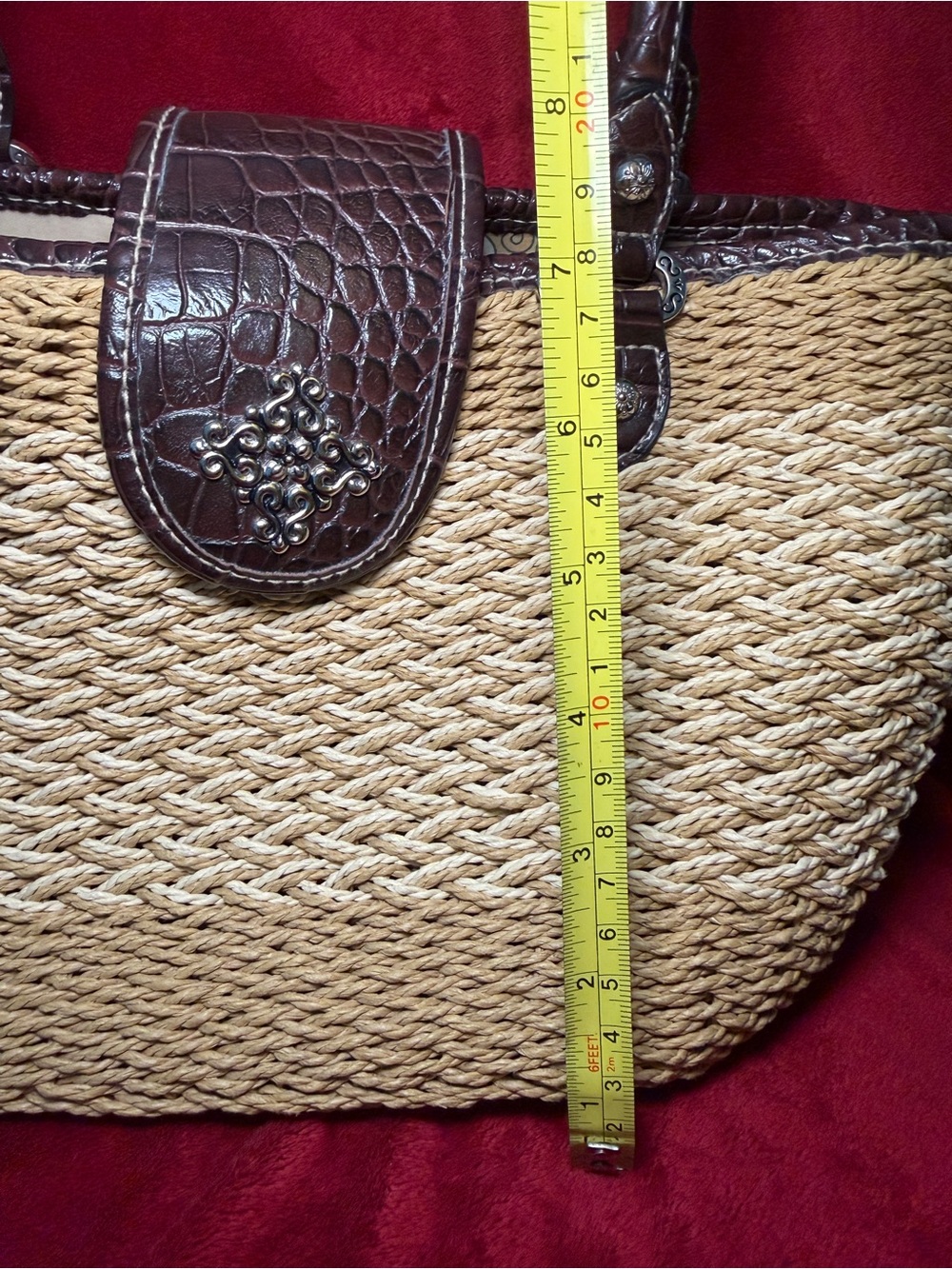 Vintage Boho Beach Woven Straw Tote Croc Trim Paisley Lining Trendy - Picture 3 of 10